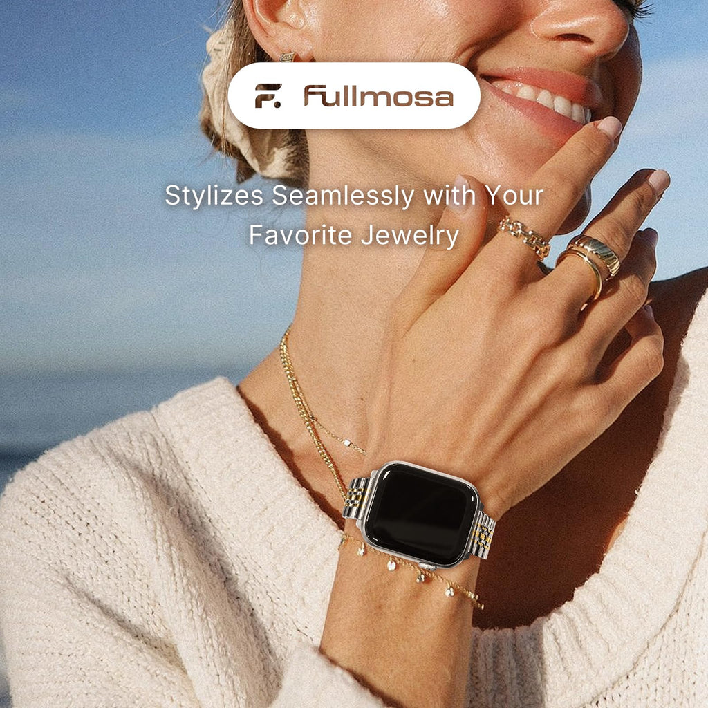 Apple Watch Band | Slim 7-Link Stainless Steel Band | Silver with Gold Fullmosa watch band