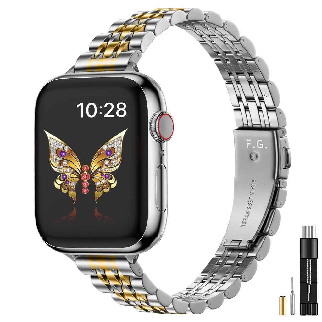 Apple Watch Band | Slim 7-Link Stainless Steel Band | Silver with Gold Fullmosa watch band 42mm(Series 10 11)/41mm/40mm/38mm / Silver with Gold