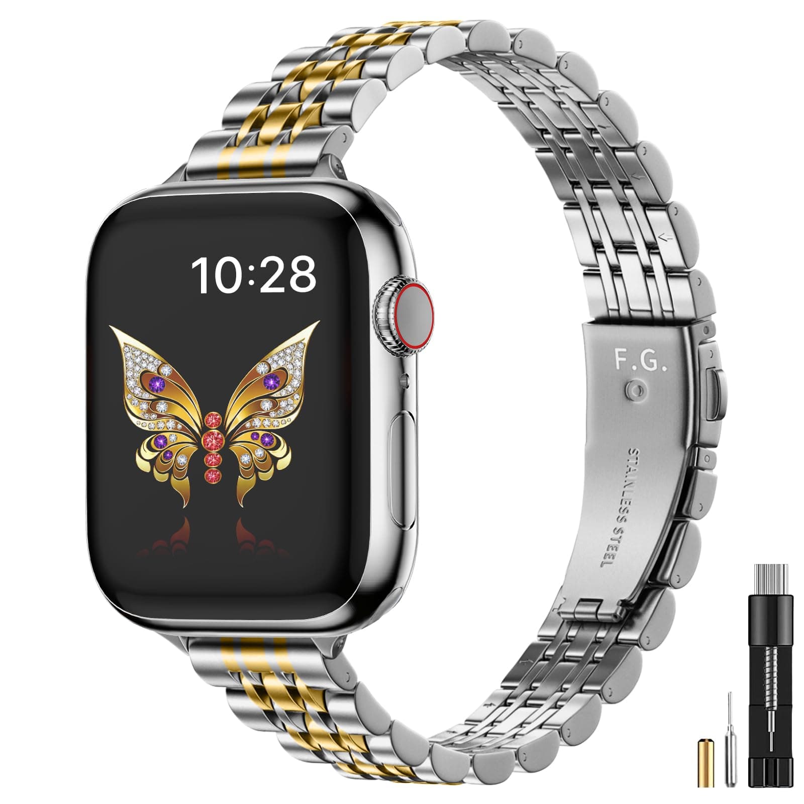 Apple Watch Band | Slim 7-Link Stainless Steel Band | Silver with Gold Fullmosa watch band 42mm(Series 10 11)/41mm/40mm/38mm / Silver with Gold