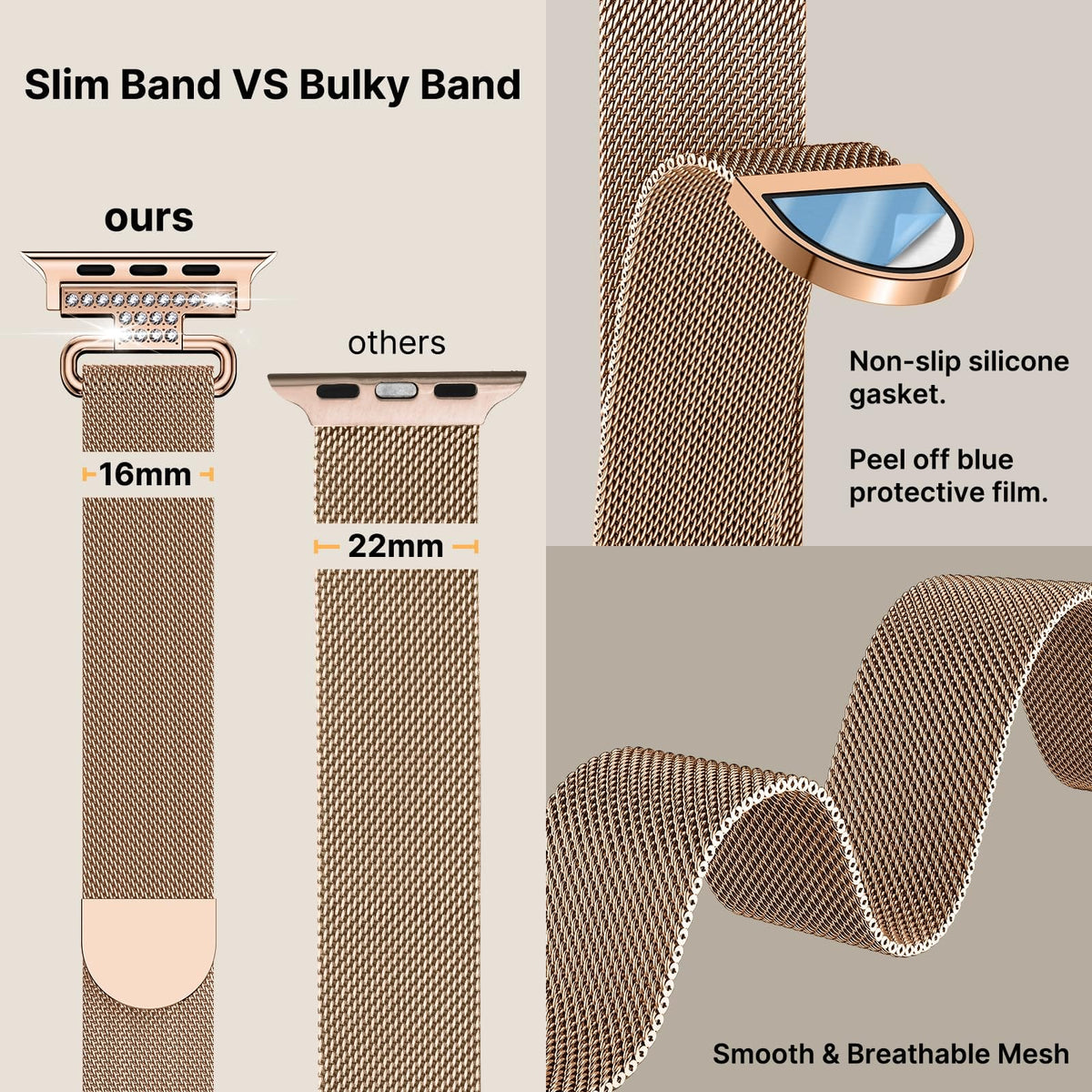 Apple Watch Band | Thin Milanese Loop Strap for Women| Rose Gold Fullmosa watch band