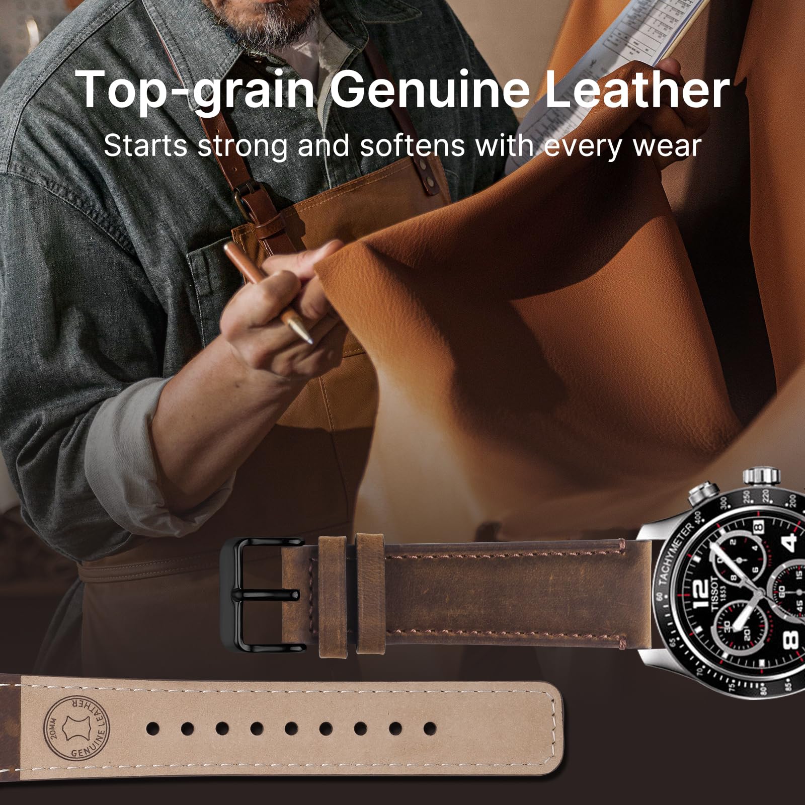 Watch Band | 2 Pack Top Grain Genuine Leather Straps | Saddle Brown&Black/Black&Black Fullmosa watch band