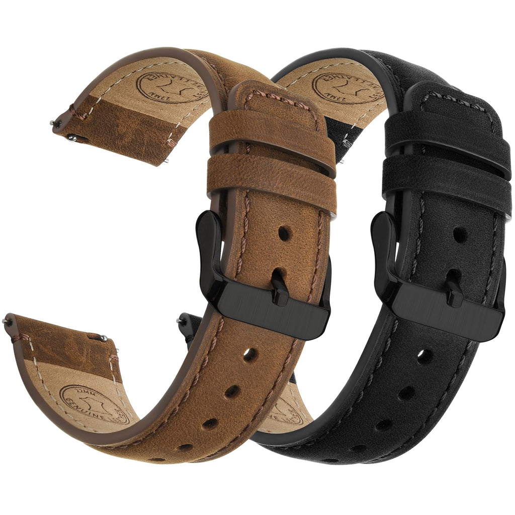 Watch Band | 2 Pack Top Grain Genuine Leather Straps | Saddle Brown&Silver/Black&Silver Fullmosa watch band