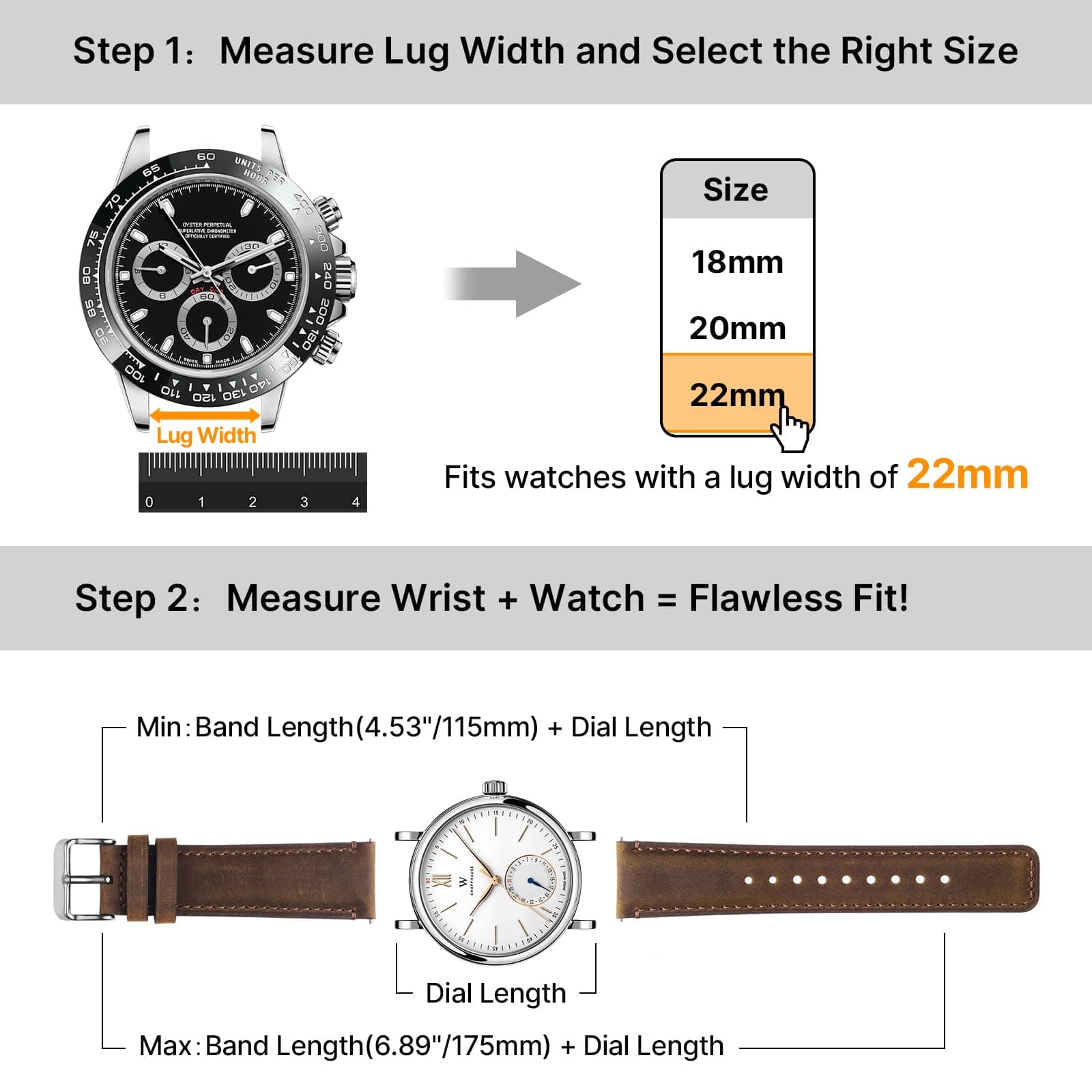 Watch Band | 2 Pack Top Grain Genuine Leather Straps | Saddle Brown&silver/Black&silver Fullmosa watch band