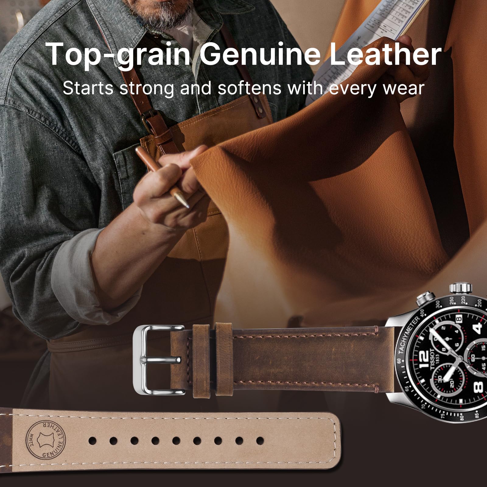 Watch Band | 2 Pack Top Grain Genuine Leather Straps | Saddle Brown&silver/Black&silver Fullmosa watch band