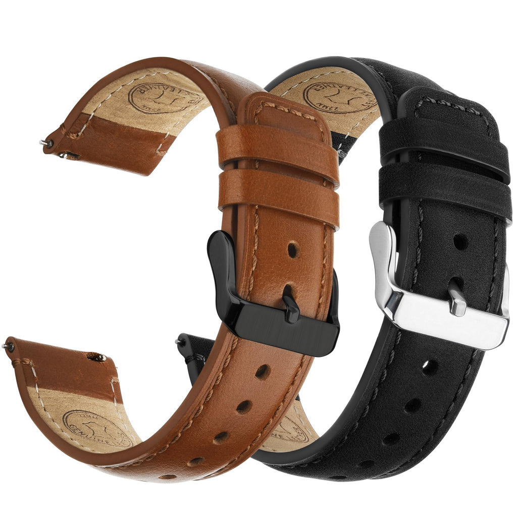 Watch Band | 2 Pack Top Grain Genuine Leather Straps | Toffee Brown&Black/Black&Silver Fullmosa watch band