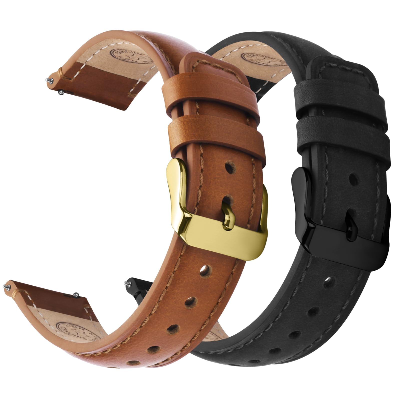 Watch Band | 2 Pack Top Grain Genuine Leather Straps | Toffee Brown&gold/Black&Black Fullmosa watch band