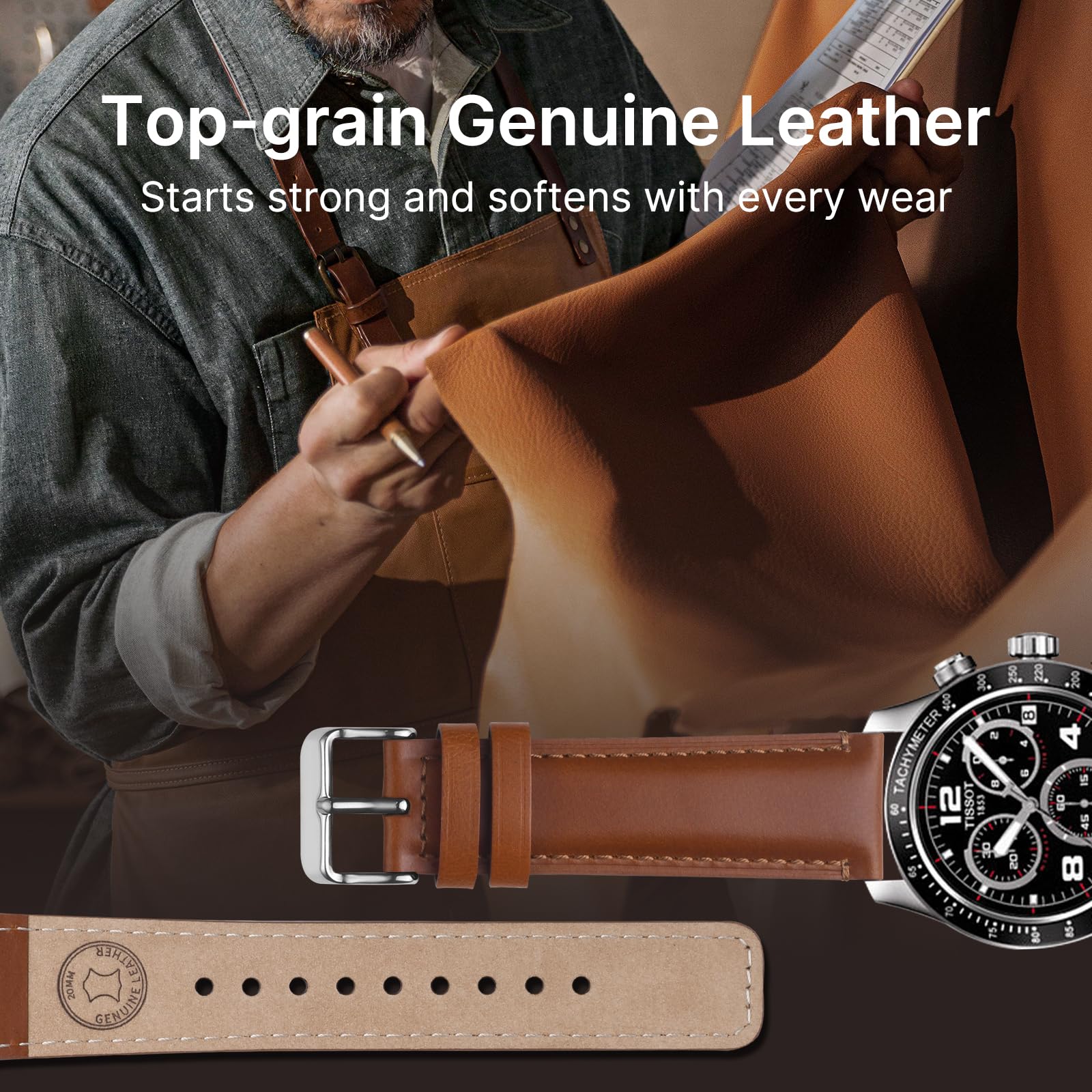 Watch Band | 2 Pack Top Grain Genuine Leather Straps | Toffee Brown&Silver/Black&Black Fullmosa watch band