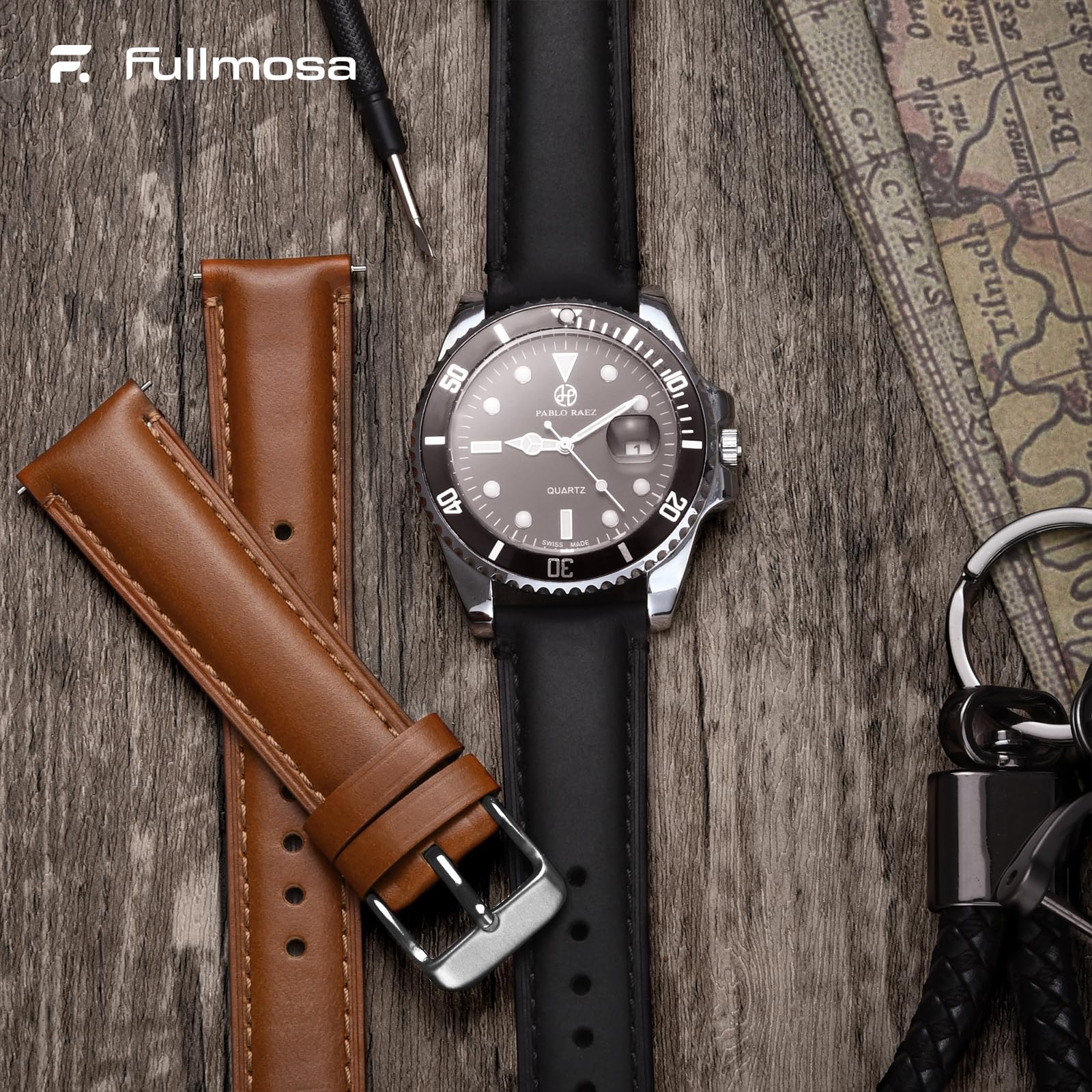 Watch Band | 2 Pack Top Grain Genuine Leather Straps | Toffee Brown&Silver/Black&Black Fullmosa watch band