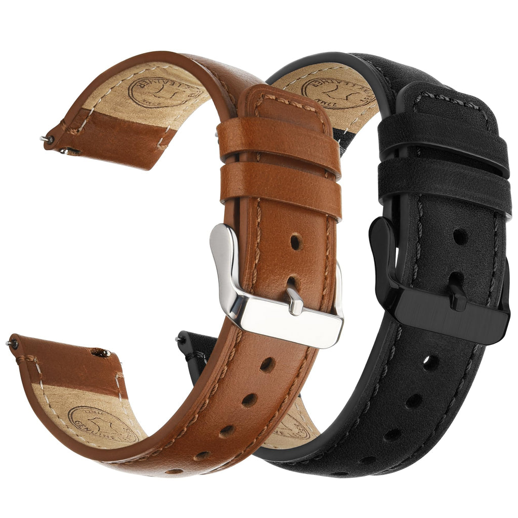 Watch Band | 2 Pack Top Grain Genuine Leather Straps | Toffee Brown&Silver/Black&Black Fullmosa watch band