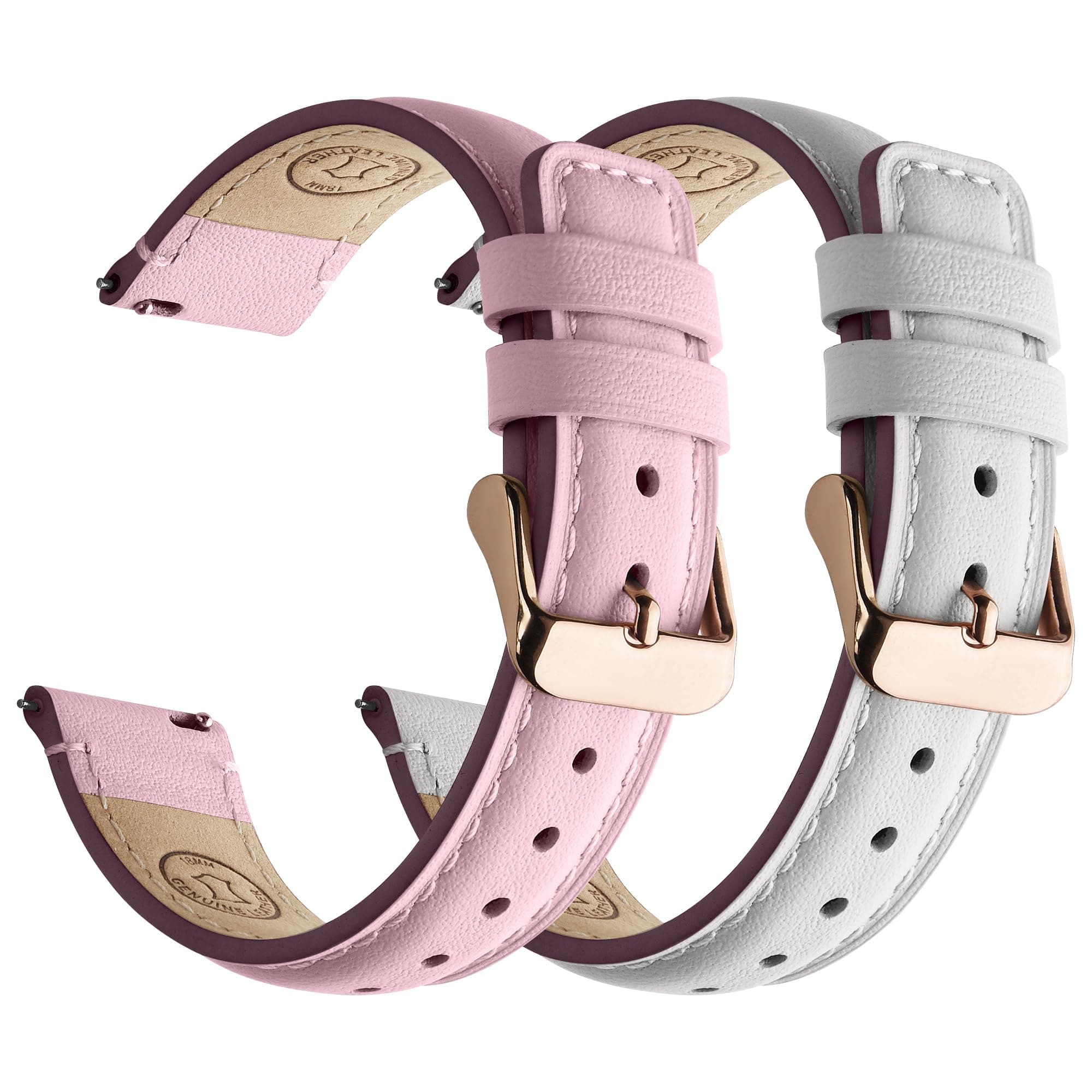 Watch Band | 2 Pack Top Grain Genuine Leather Straps | White+Pink/Rose+Rose Fullmosa watch band 18mm / White+Pink/Rose+Rose