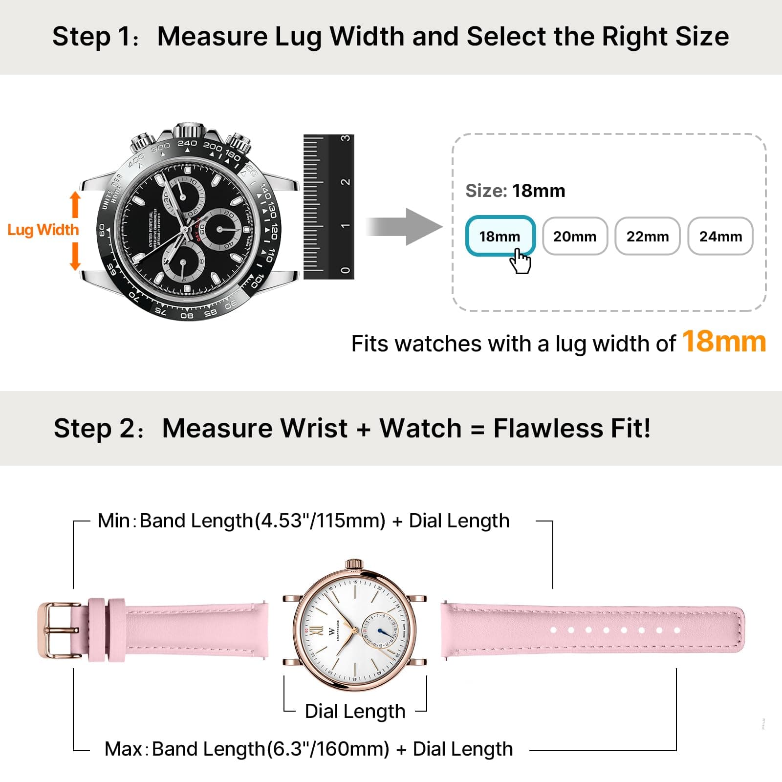 Watch Band | 2 Pack Top Grain Genuine Leather Straps | White+Pink/Rose+Rose Fullmosa watch band 18mm / White+Pink/Rose+Rose