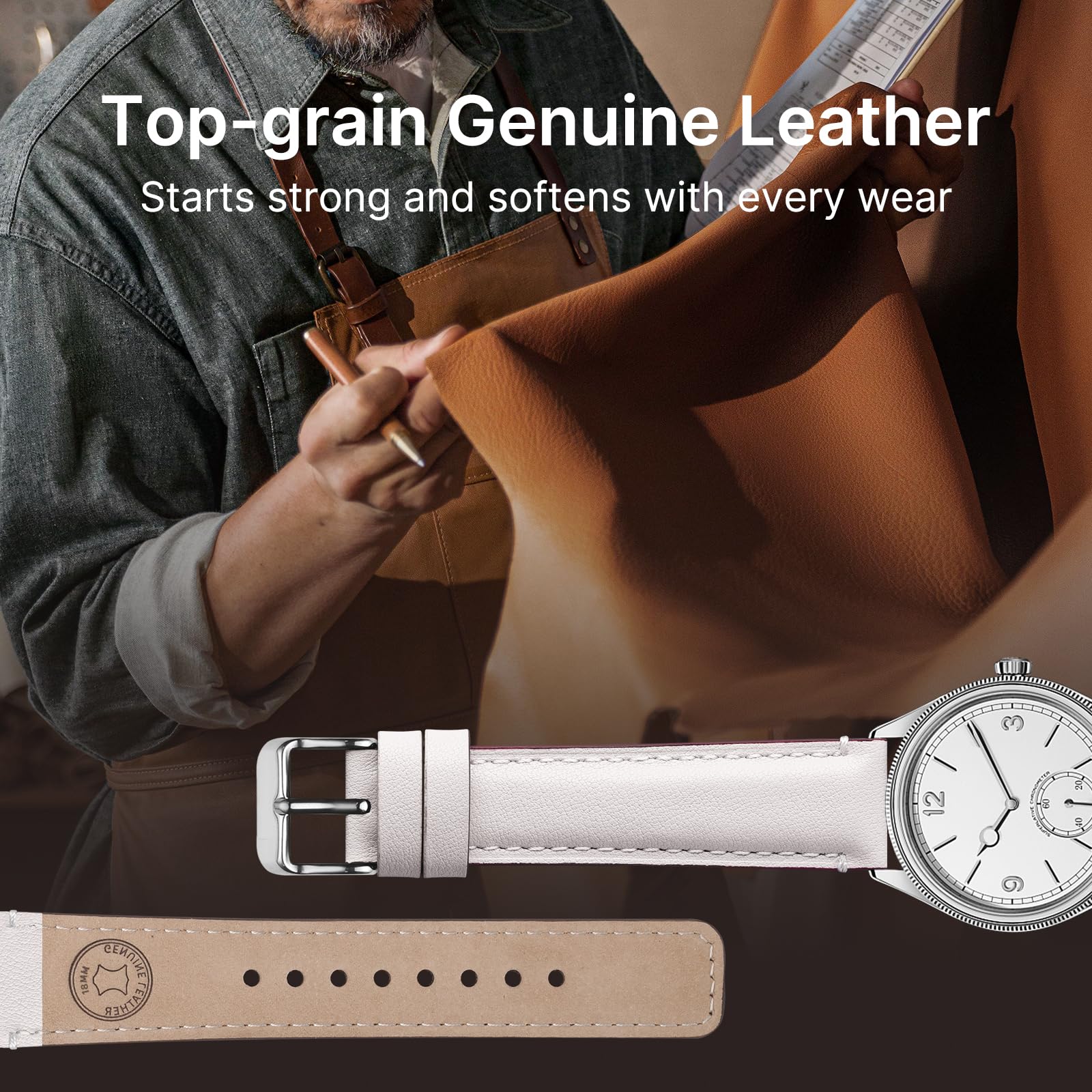 Watch Band | 2 Pack Top Grain Genuine Leather Straps | White+Pink/Silver+Silver Fullmosa watch band 18mm / White+Pink/Silver+Silver