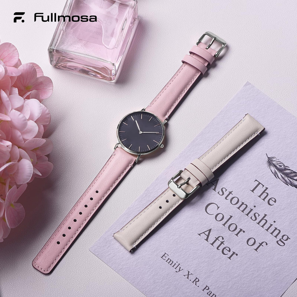 Watch Band | 2 Pack Top Grain Genuine Leather Straps | White+Pink/Silver+Silver Fullmosa watch band 18mm / White+Pink/Silver+Silver