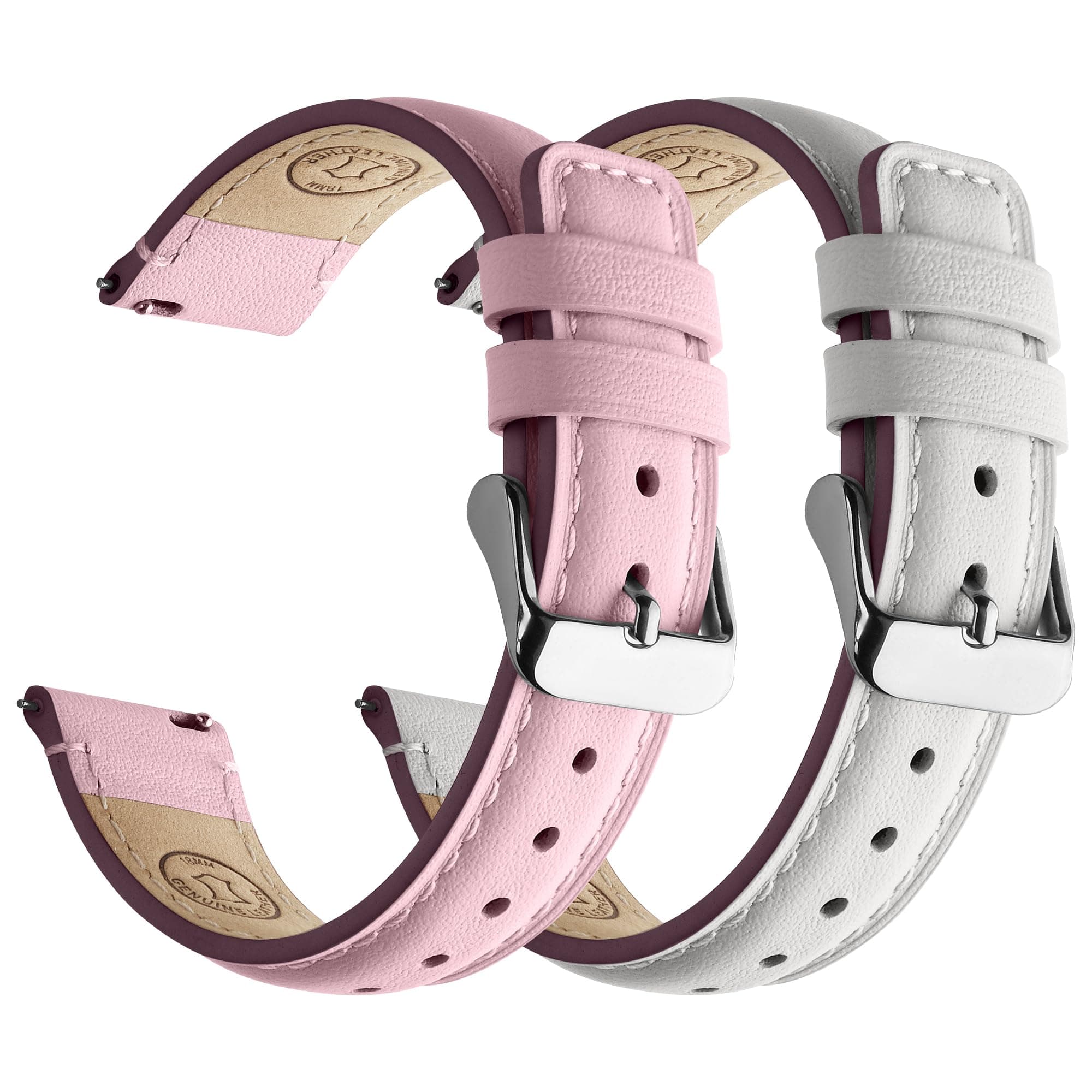 Watch Band | 2 Pack Top Grain Genuine Leather Straps | White+Pink/Silver+Silver Fullmosa watch band 18mm / White+Pink/Silver+Silver