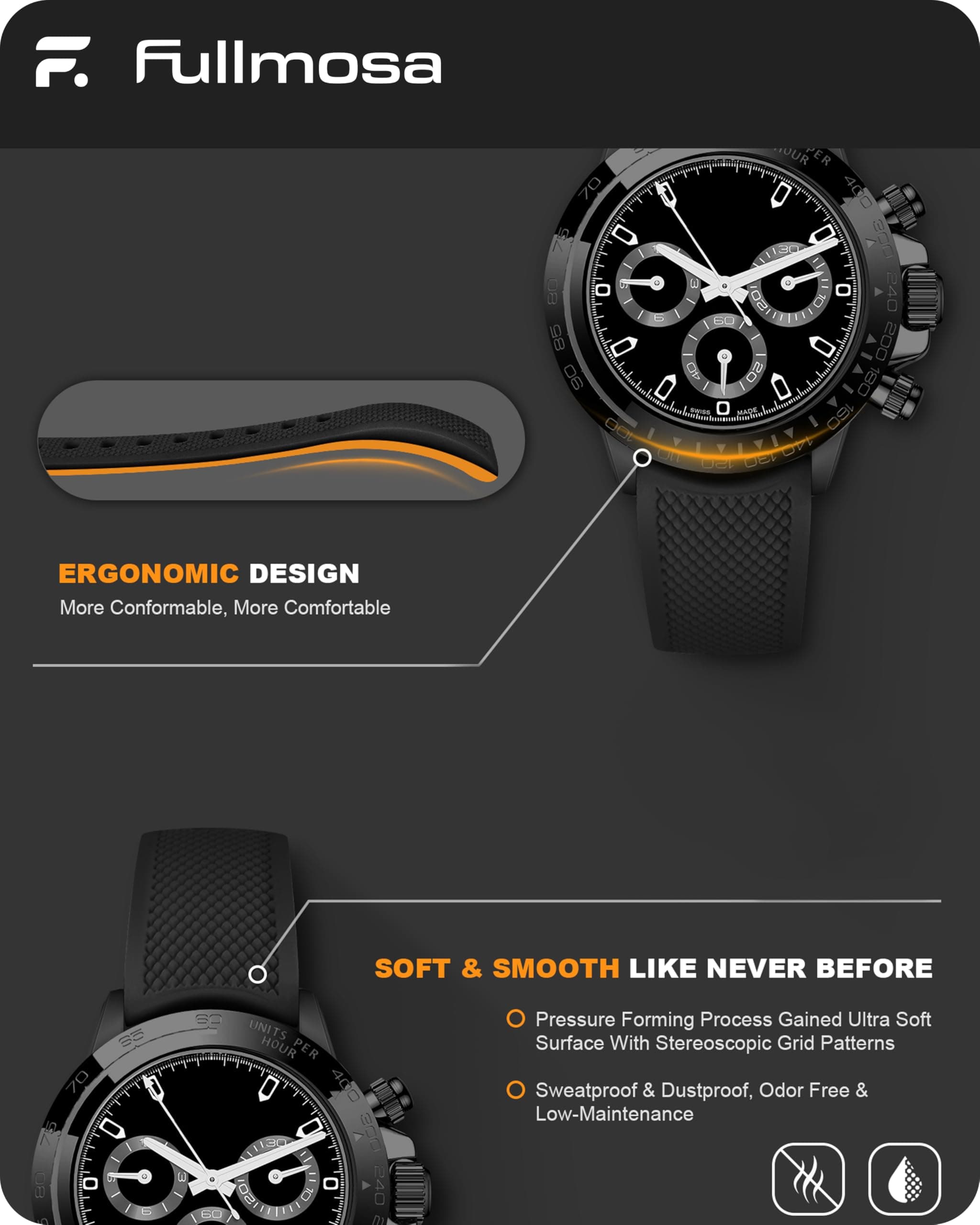 Watch Band | No Gap Black+Orange Silicone Strap | Eco Fullmosa watch band