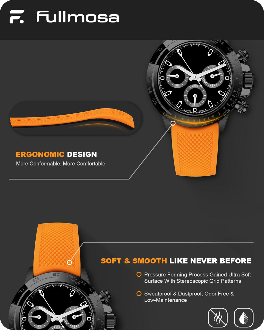 Watch Band | No Gap Orange+Black Silicone Strap | Eco Fullmosa watch band 22mm / Orange+Black