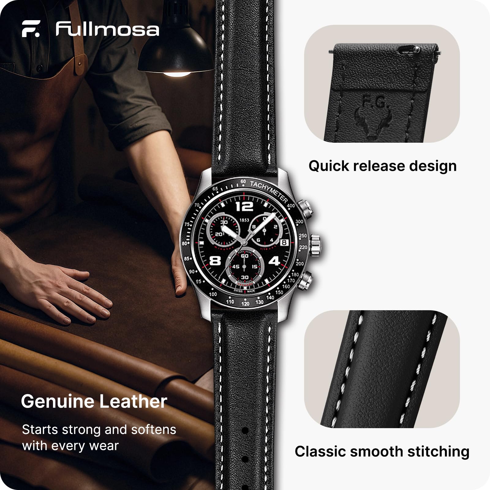 Watch Band | Quick Release Leather Watch Strap | Black Fullmosa