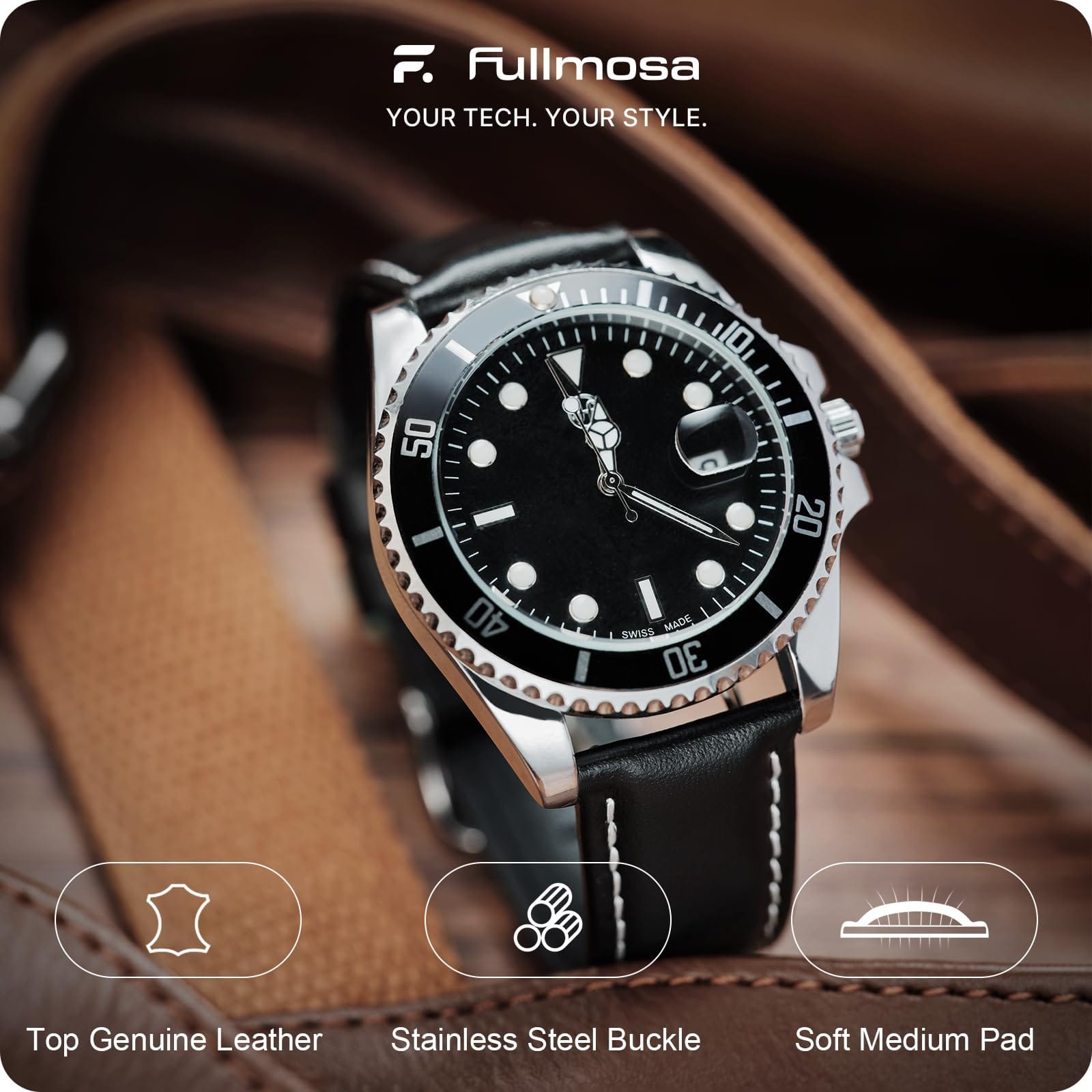 Watch Band | Quick Release Leather Watch Strap | Black Fullmosa