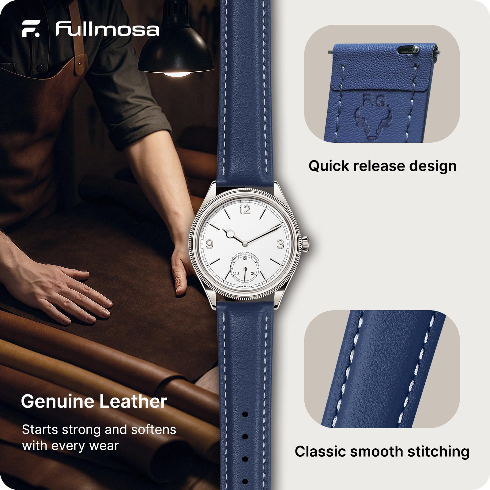 Watch Band | Quick Release Leather Watch Strap | Dark Blue Fullmosa