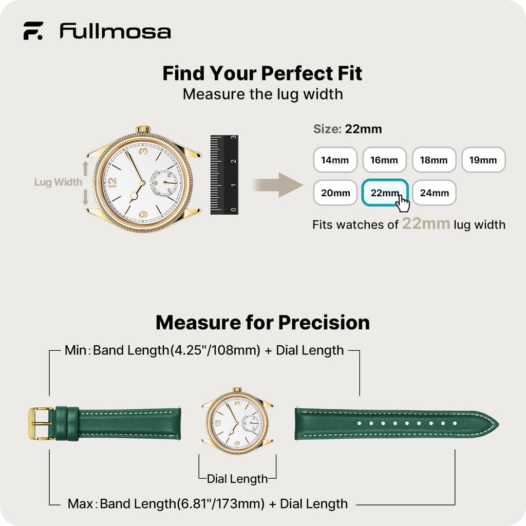 Watch Band | Quick Release Leather Watch Strap | Dark Green Fullmosa 22mm / golden