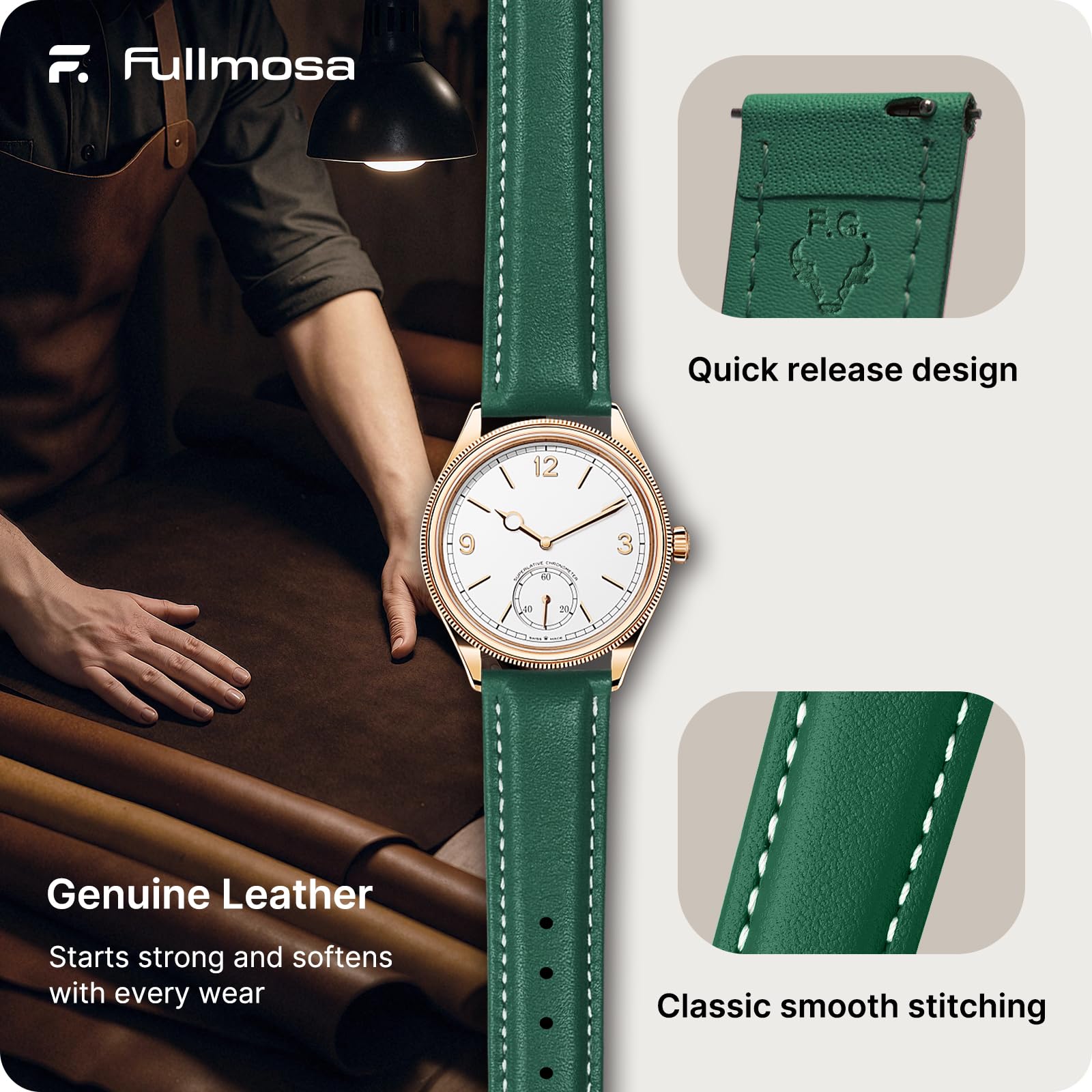 Watch Band | Quick Release Leather Watch Strap | Dark Green Fullmosa 22mm / golden