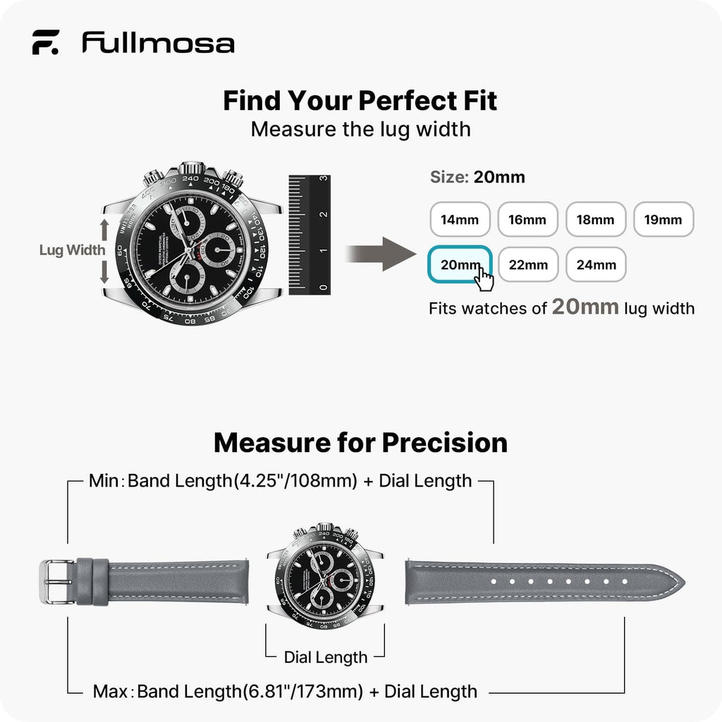 Watch Band | Quick Release Leather Watch Strap | Grey Fullmosa