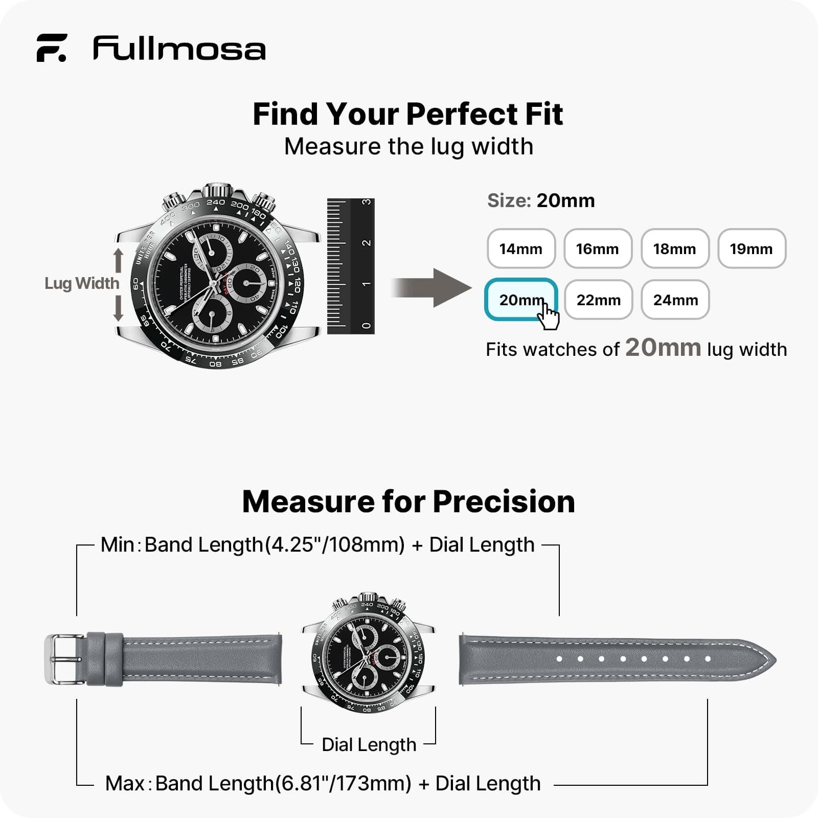 Watch Band | Quick Release Leather Watch Strap | Grey Fullmosa