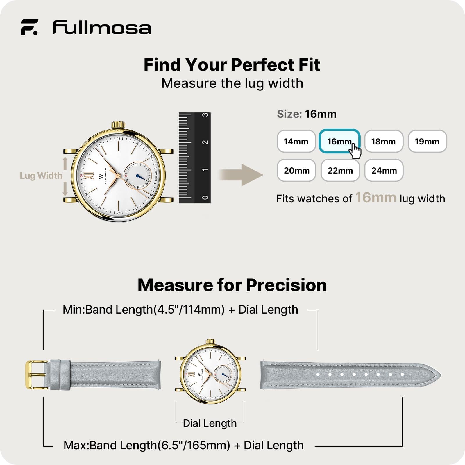 Watch Band | Quick Release Leather Watch Strap | Light Gray Fullmosa