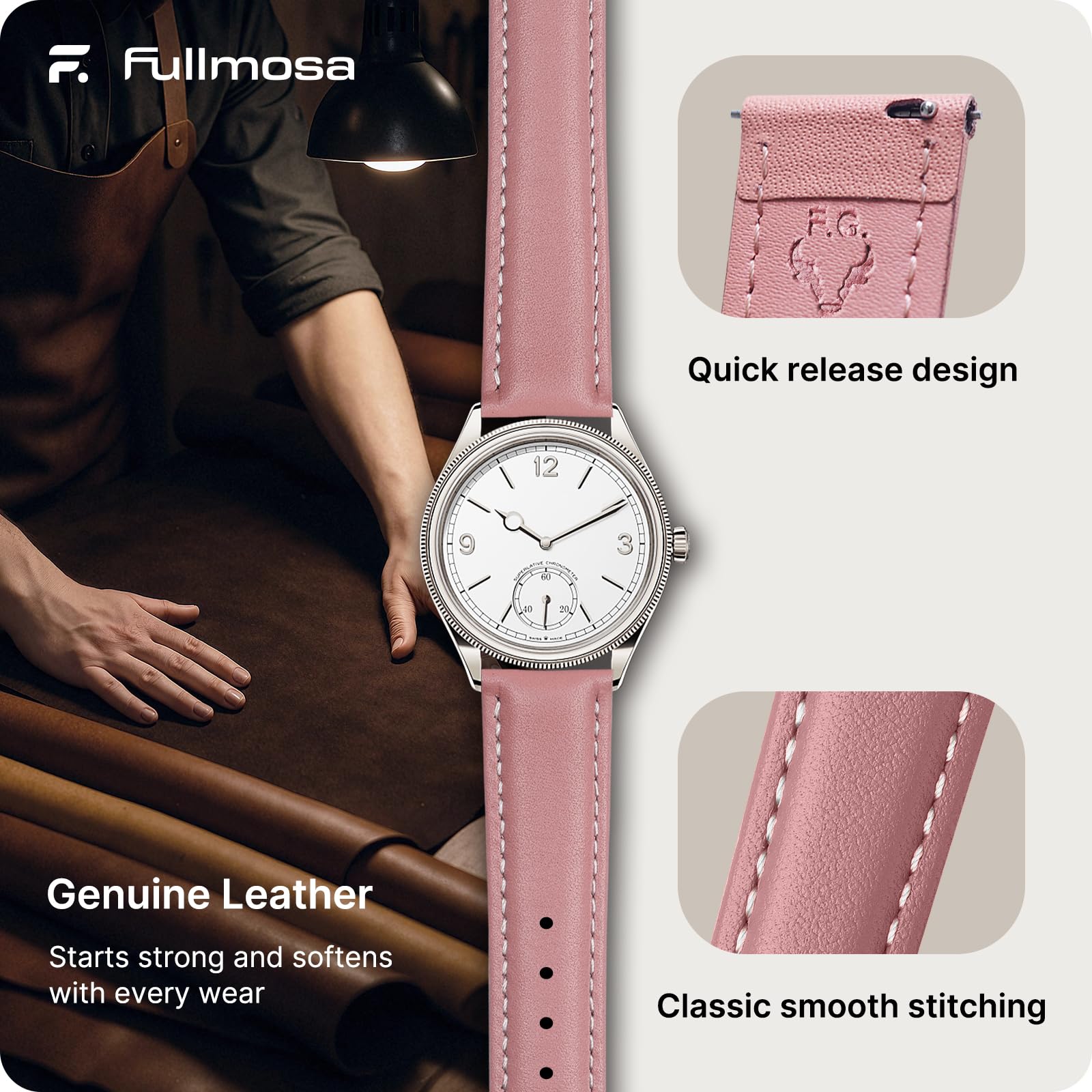 Watch Band | Quick Release Leather Watch Strap | Pink Fullmosa