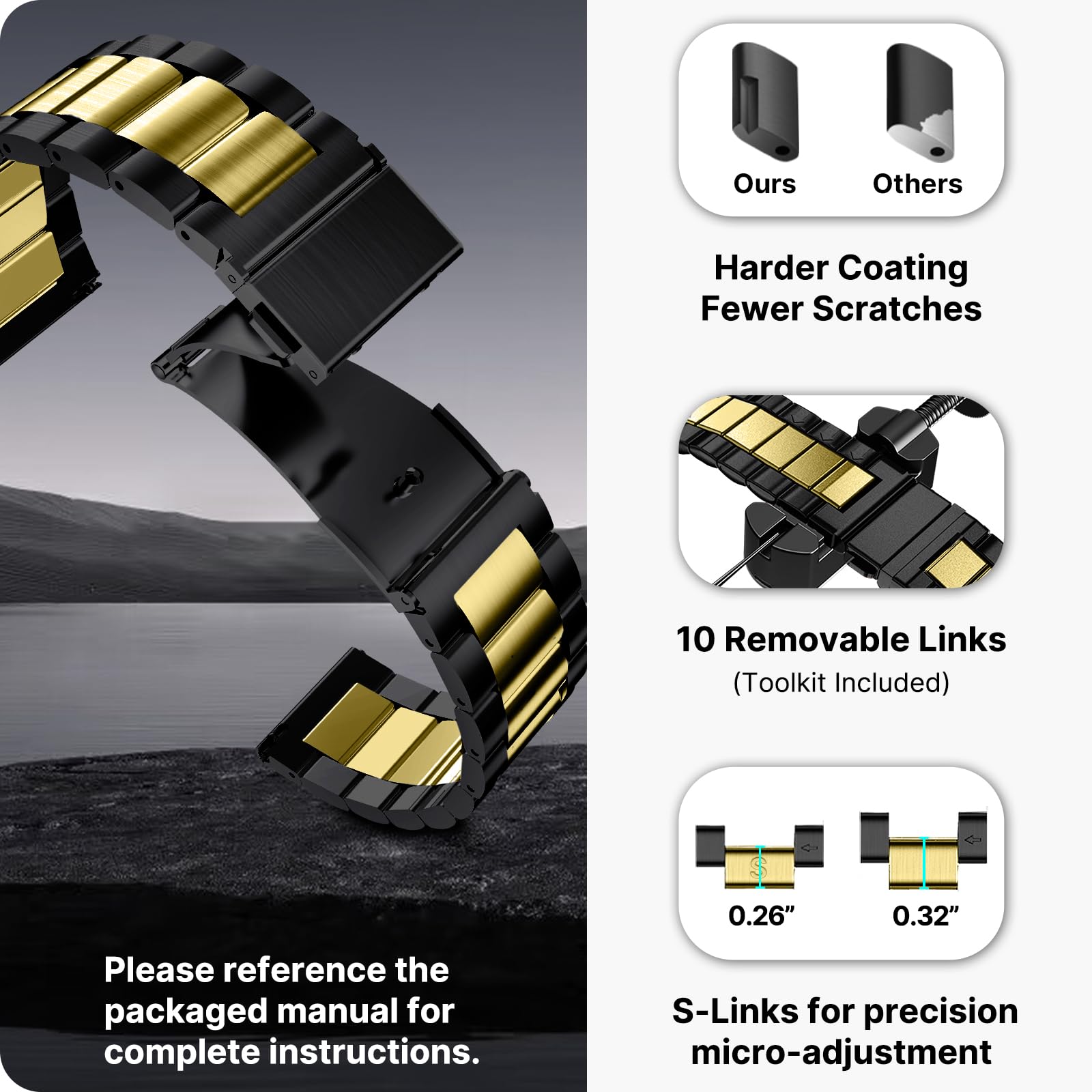 Watch Band | Quick Release Stainless Steel Watch Strap | Black+Golden Fullmosa